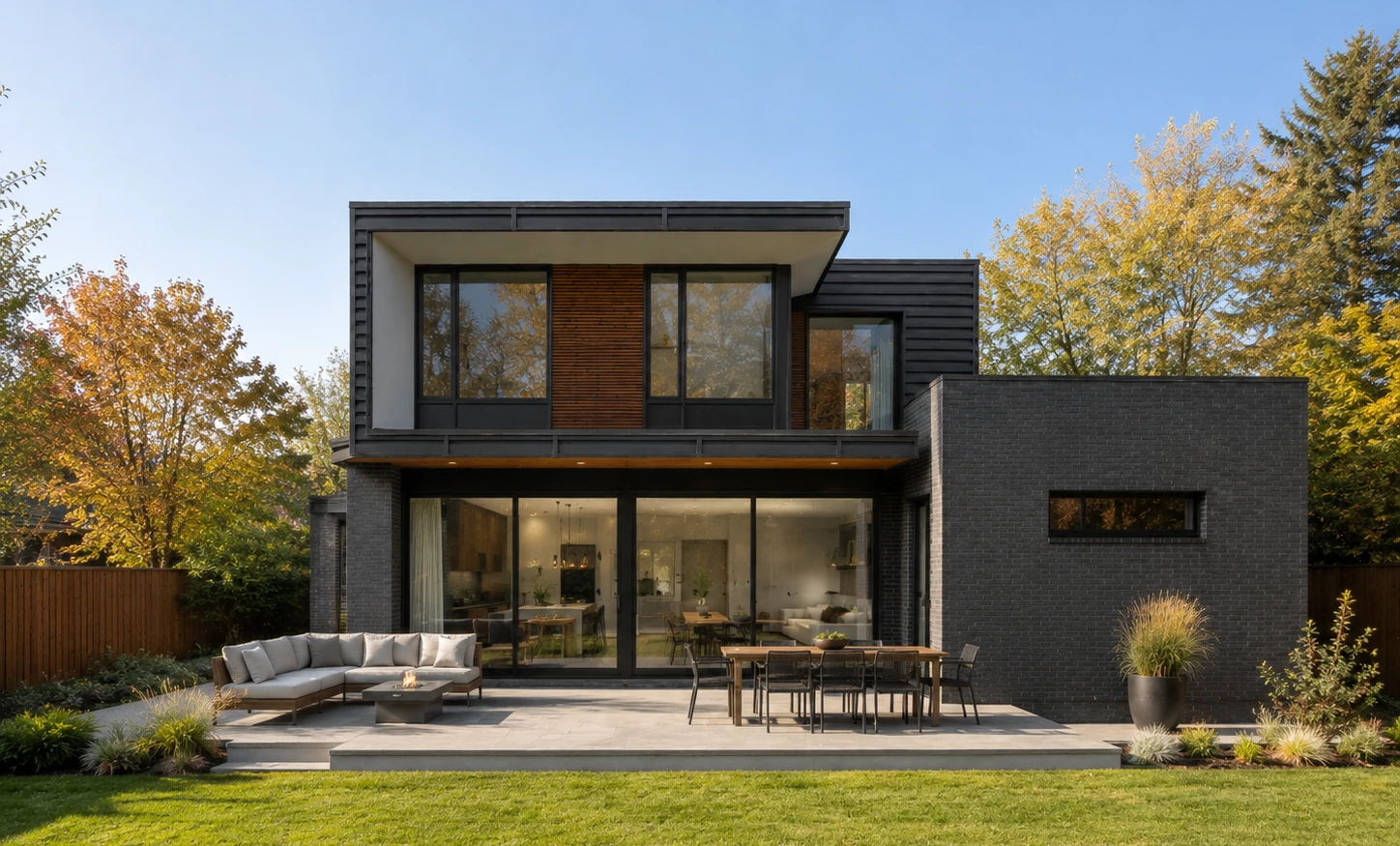 Remuera House — a dark-brick two-storey home opening onto a paved terrace and lawn